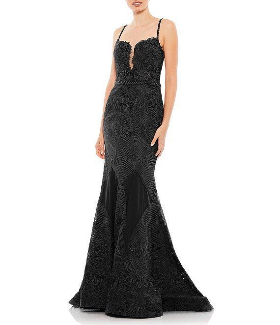 Mac Duggal Deep Split V-Neck Embroidered Mixed Media Trumpet Gown Product Image