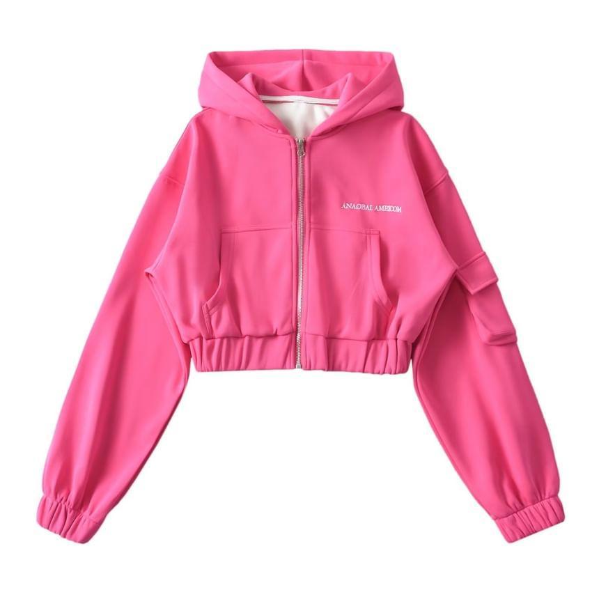 Lettering Crop Zip-Up Hoodie Product Image