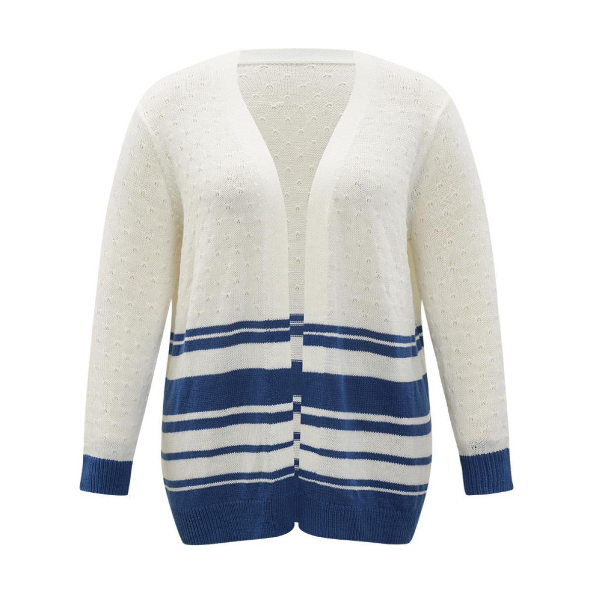 Plus Size Striped Open Front Contrast Elastic Cuffs Cardigan Ivory Women Casual Loose Long Sleeve Dailywear Cardigans BloomChic 10/M Product Image