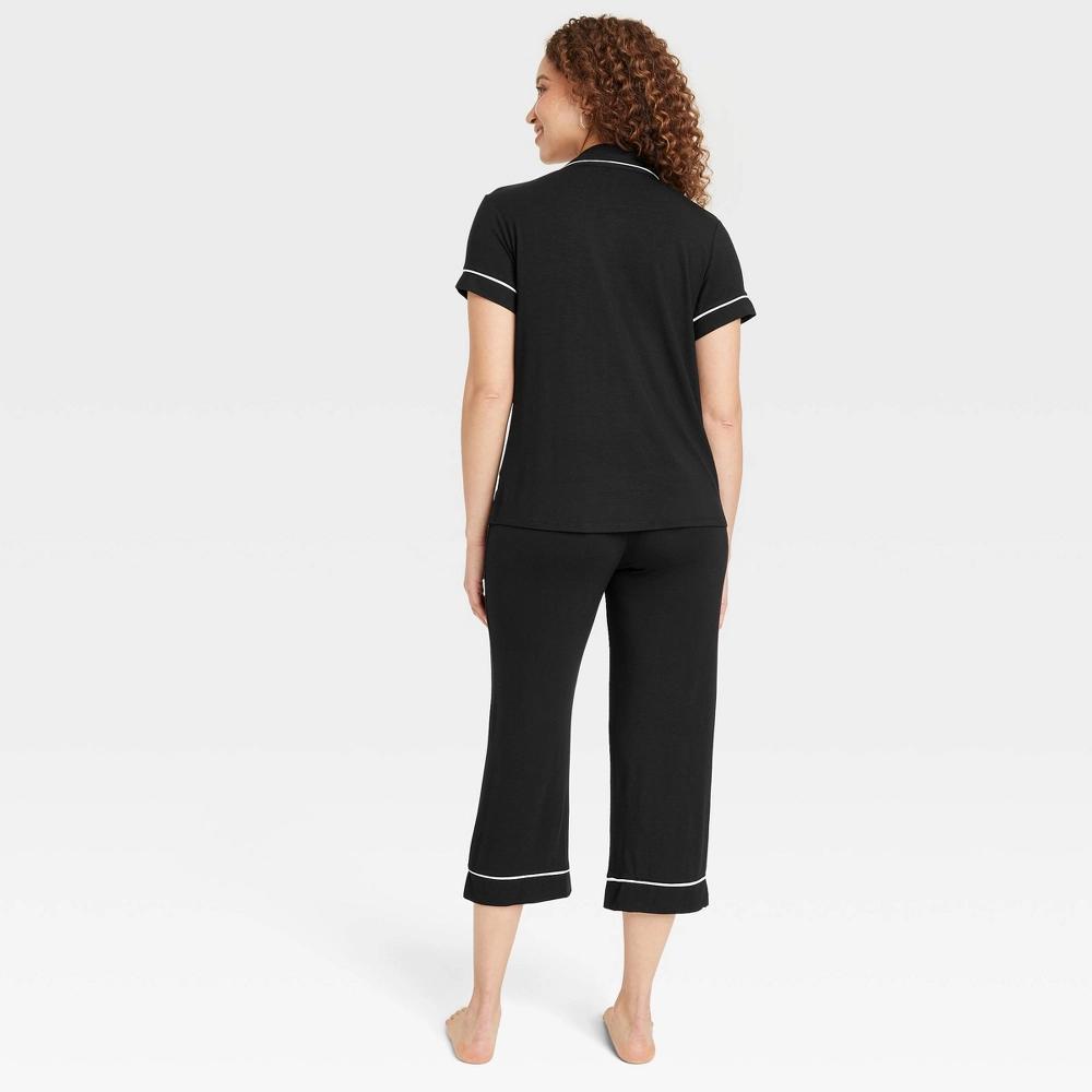 Women's Cloud Knit Short Sleeve Notch Collar Top and Cropped Pants Pajama Set - Auden™ Black M: Modal Spandex Blend Product Image
