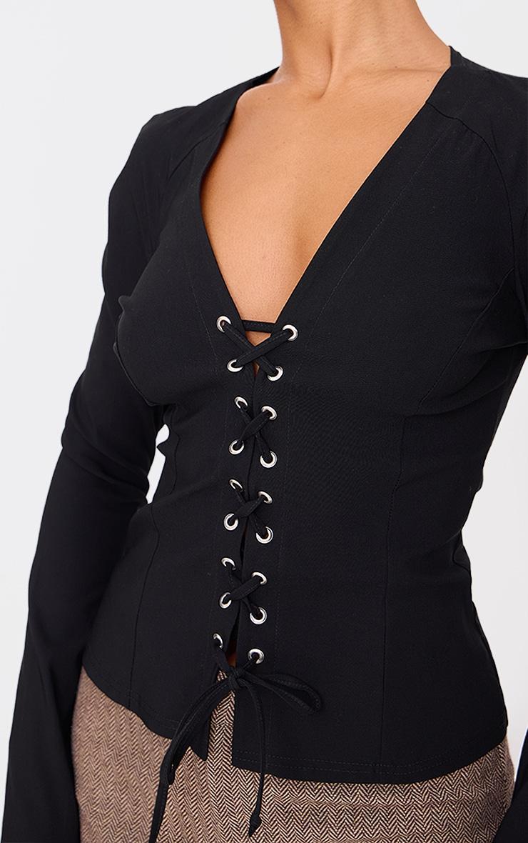 Black Stretch Woven Tie Front Fitted Shirt Product Image