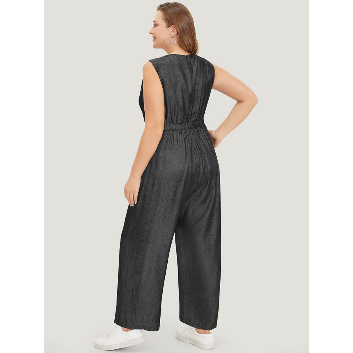Plus Size Black Solid Pocket Button Detail Zipper Tank Jumpsuit Women Casual Sleeveless Round Neck Dailywear Loose Jumpsuits BloomChic 12/L Product Image