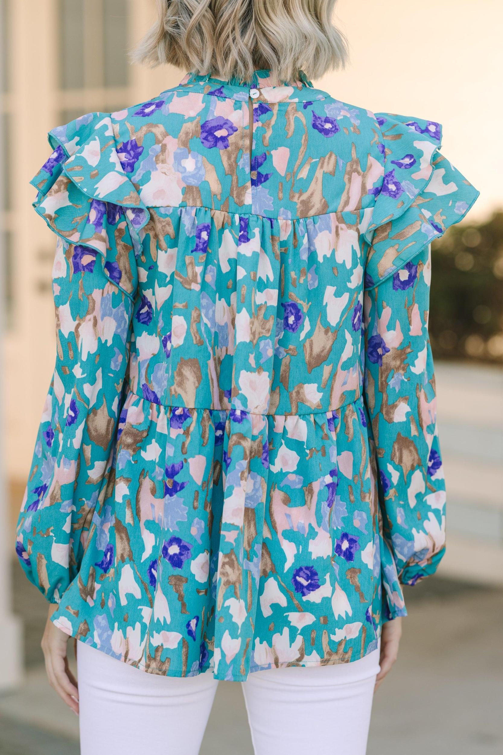 Join You Later Teal Green Leopard L/S Top Female Product Image