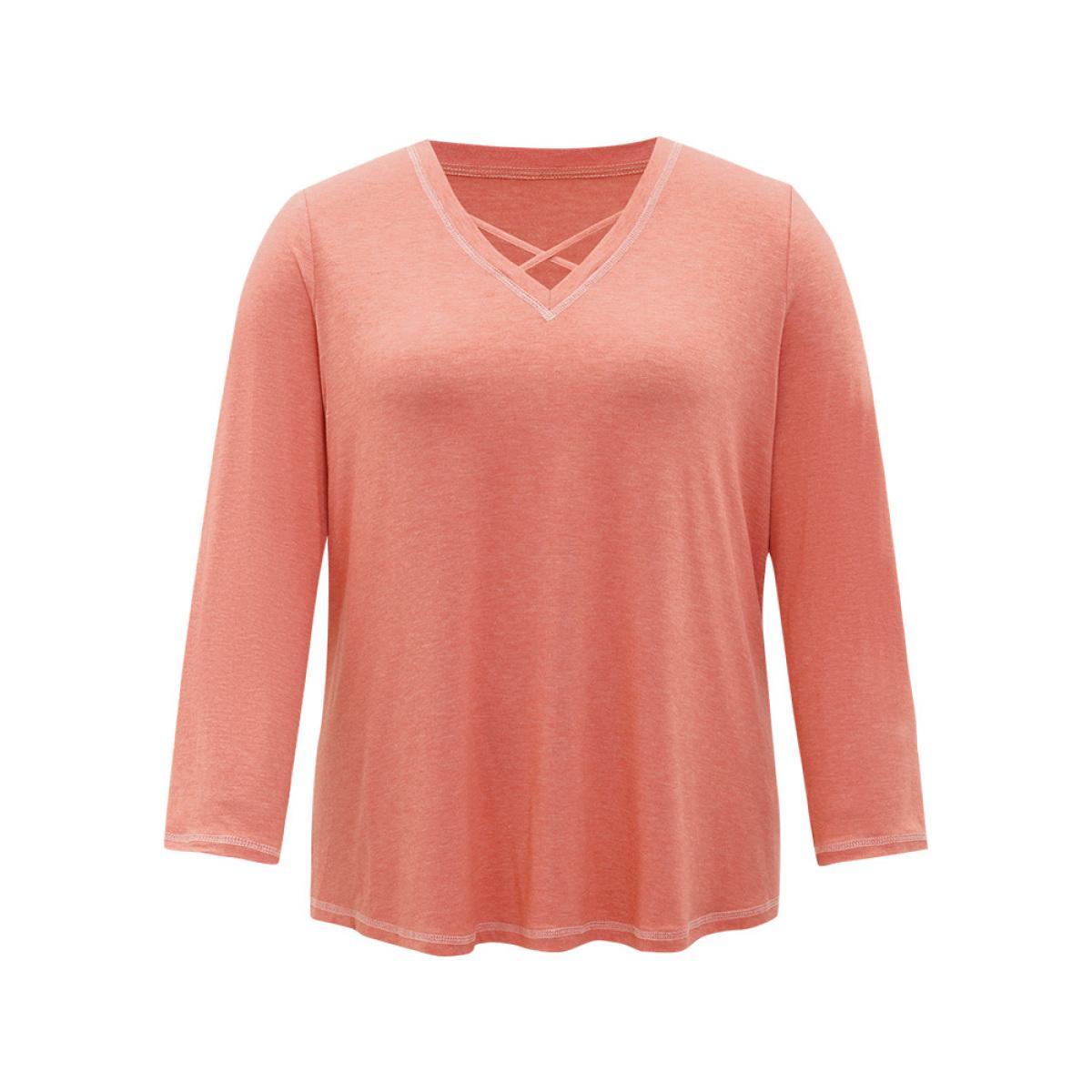 Plus Size Plain Crisscross V Neck Contrast Trim T-shirt Salmon Women Casual Plain Plain V-neck Dailywear T-shirts BloomChic 12/L Product Image