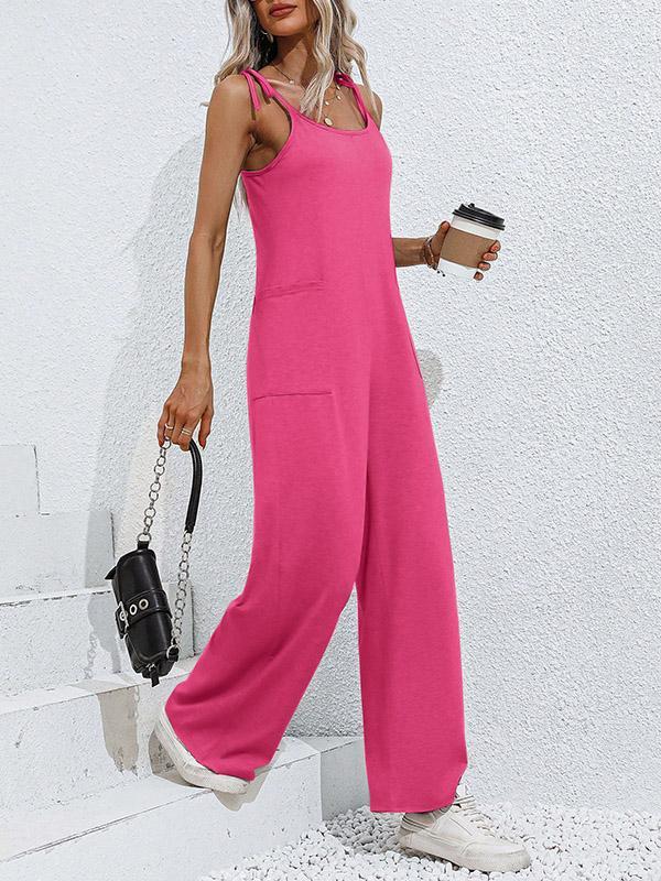 High Waisted Sleeveless Pockets Solid Color Tied Spaghetti-Neck Jumpsuits Product Image