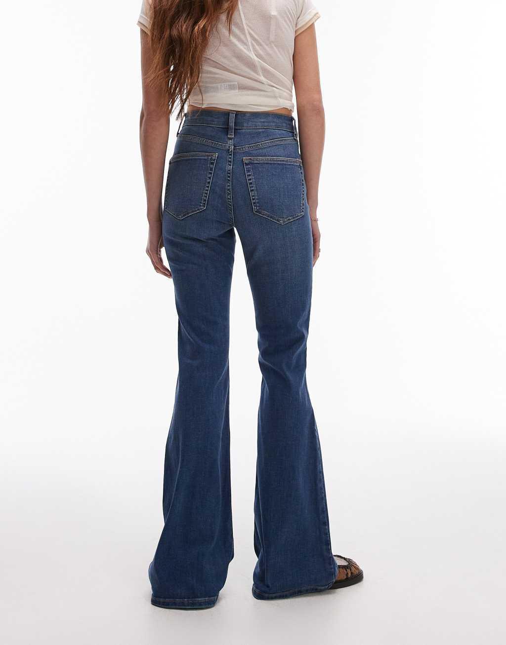 Topshop Jamie flare high rise jeans in mid blue  Product Image