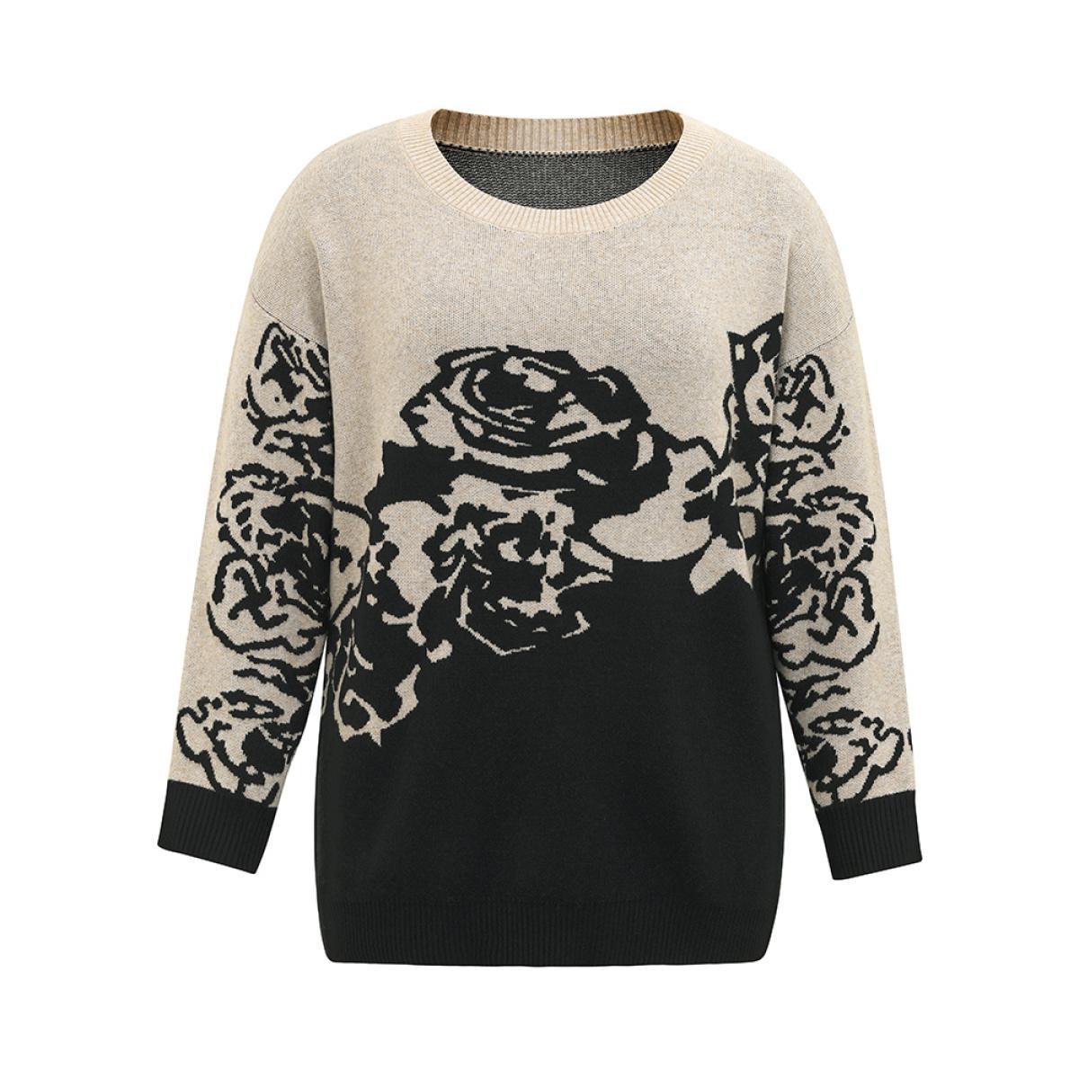 Plus Size Supersoft Essentials Rose Jacquard Contrast Pullover Black Women Casual Loose Long Sleeve Round Neck Dailywear Pullovers BloomChic 14-16/1X Product Image