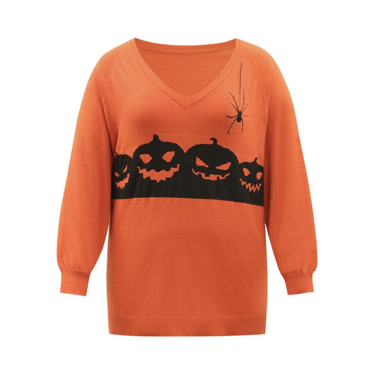 Plus Size Halloween Graphic Pumpkin V Neck Pullover OrangeRed Women Casual Loose Long Sleeve V-neck Dailywear Pullovers BloomChic 26/4X Product Image