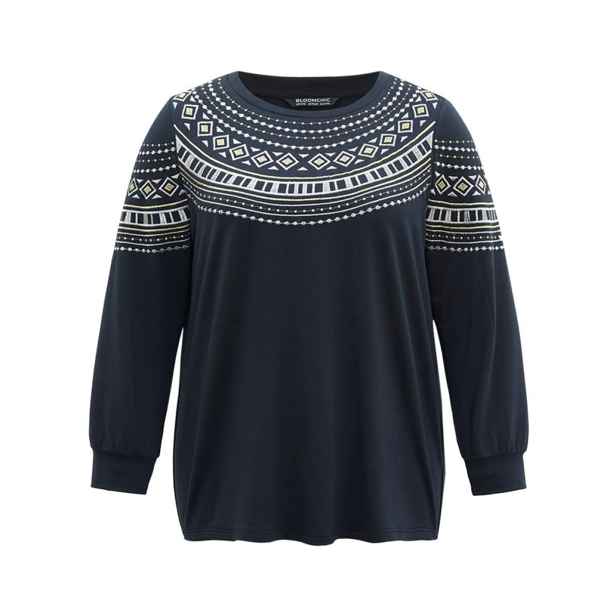 Plus Size Bandana Embroidered Crew Neck Elastic Cuffs Sweatshirt Women DimGray Casual Embroidered Round Neck Dailywear Sweatshirts BloomChic 30/6X Product Image