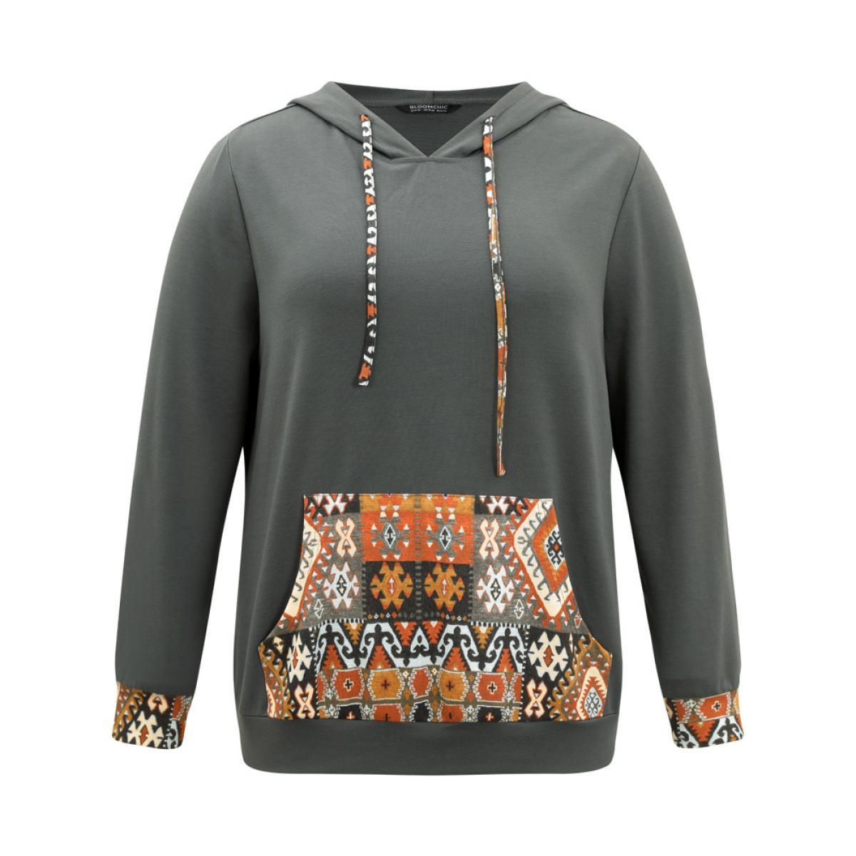 Plus Size Bandana Patchwork Hooded Pocket Drawstring Sweatshirt Women DimGray Elegant Patchwork Hooded Dailywear Sweatshirts BloomChic 18-20/2X Product Image