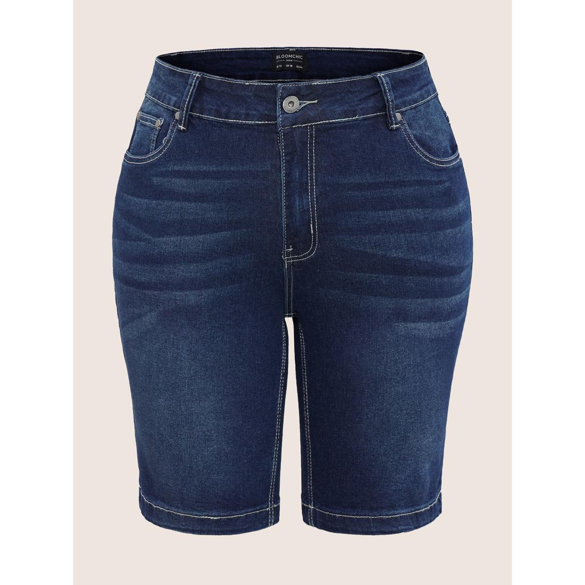 Plus Size Very Stretchy High Rise Dark Wash Denim Shorts Women Indigo Casual Plain High stretch Slanted pocket Jeans BloomChic 14/1X Product Image