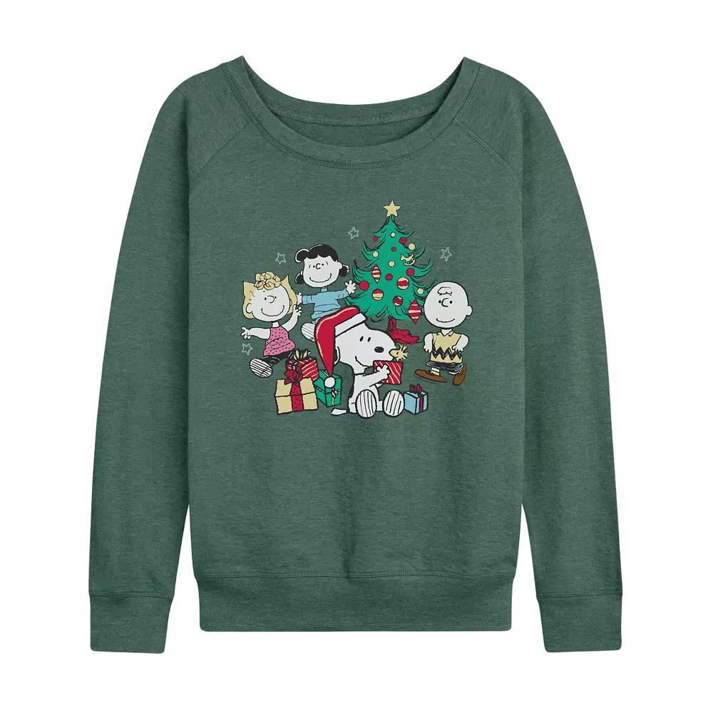 Womens Peanuts Group Christmas Tree French Terry Long Sleeve Tee Grey Green Product Image