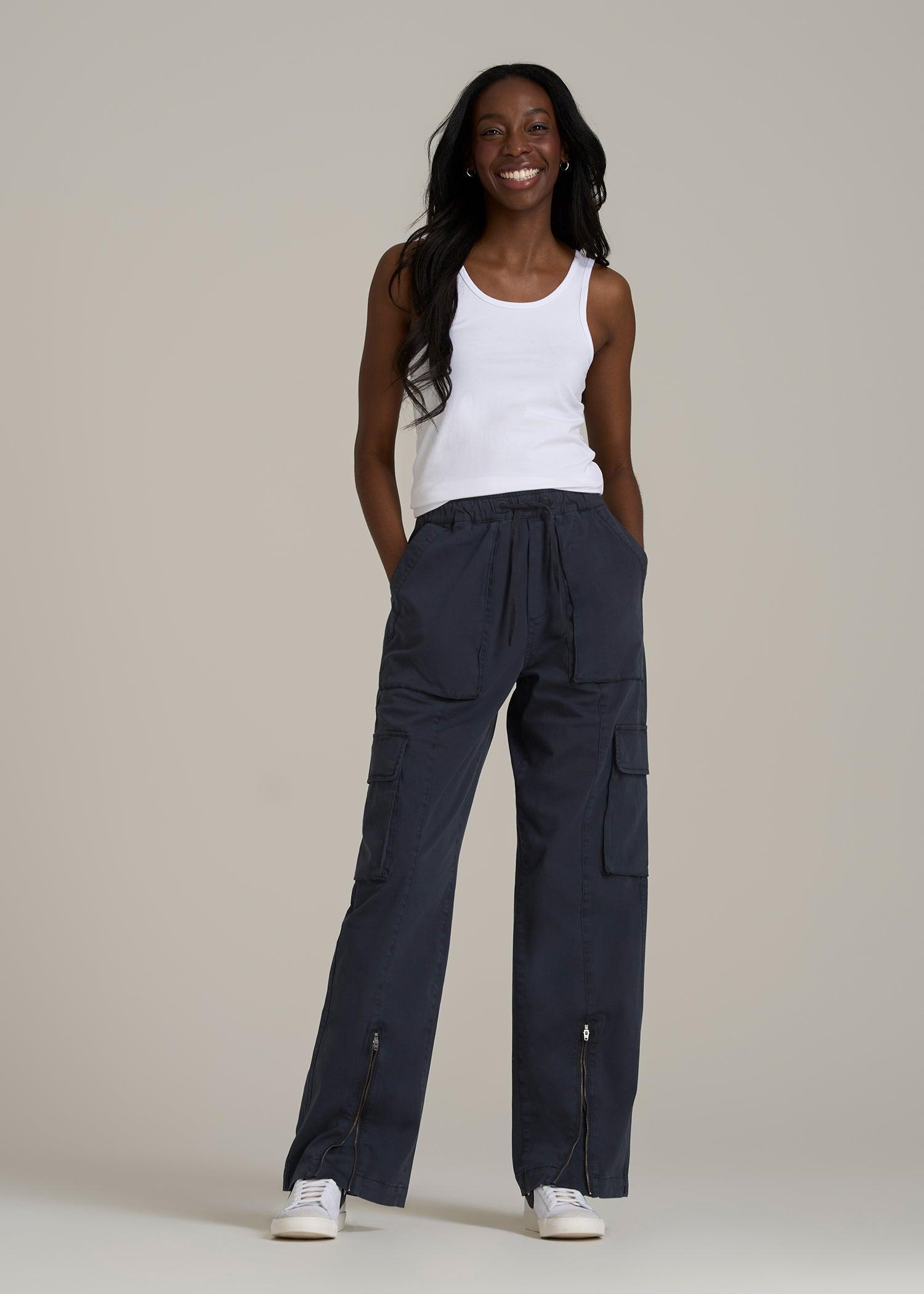 High Rise Garment Dyed Baggy Cargo Pants for Tall Women in Deep Navy Product Image