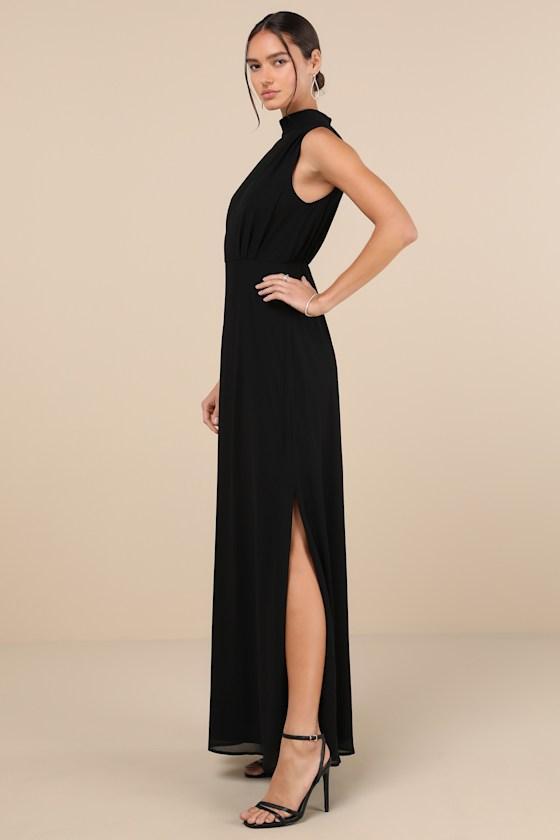 Classic Elegance Black Chiffon Sleeveless Mock Neck Maxi Dress Product Image