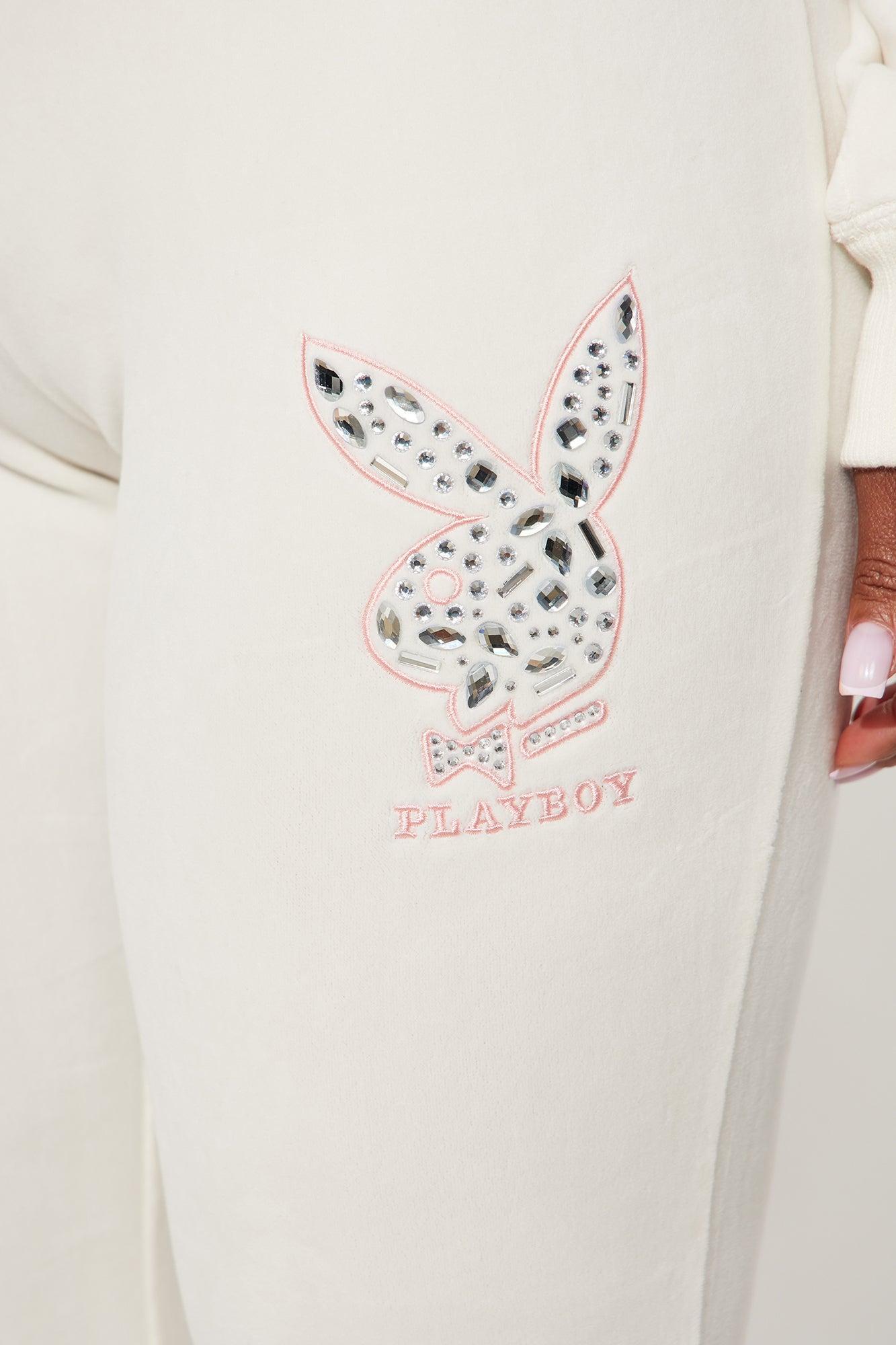Playboy Rhinestone Velour Flared Pant - Cream Product Image