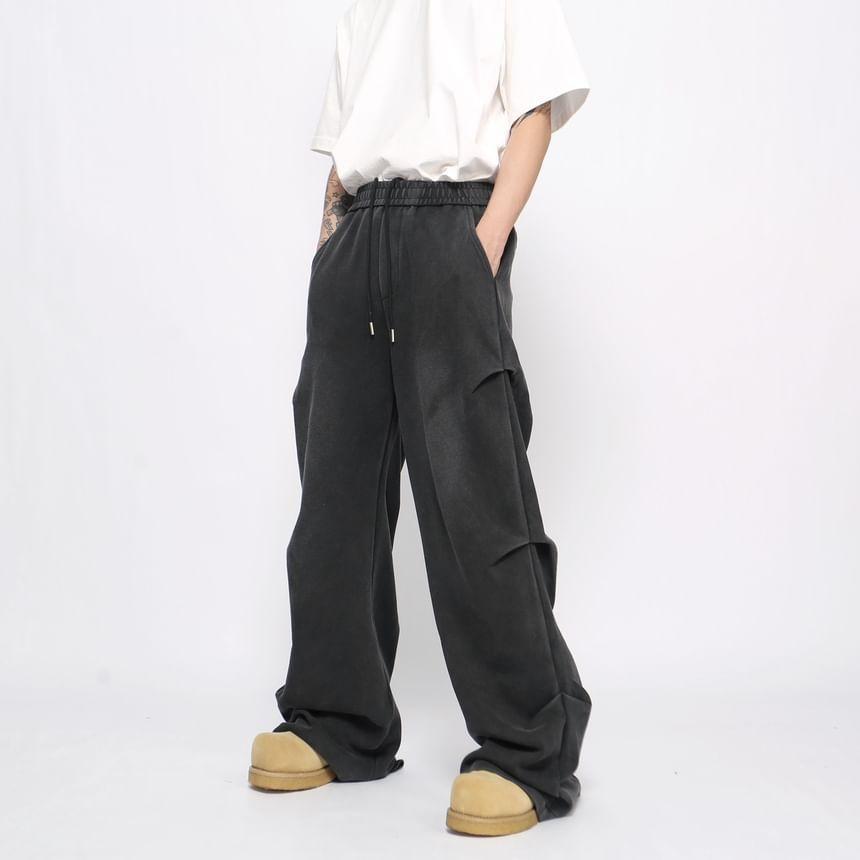Drawstring Waist Plain Ruched Wide Leg Pants Product Image