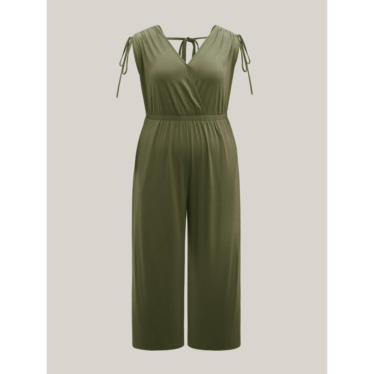 Plus Size Moss Drawstring Shoulder Plain Straight-Leg Jumpsuit Women Sleeveless Overlap Collar Everyday-Casual Loose Jumpsuits BloomChic 18-20/2X Product Image