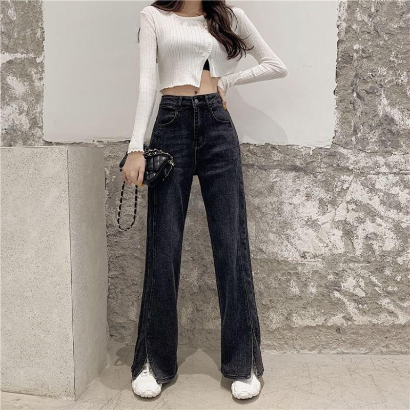 Mid Rise Washed Side-Slit Straight Leg Jeans Product Image
