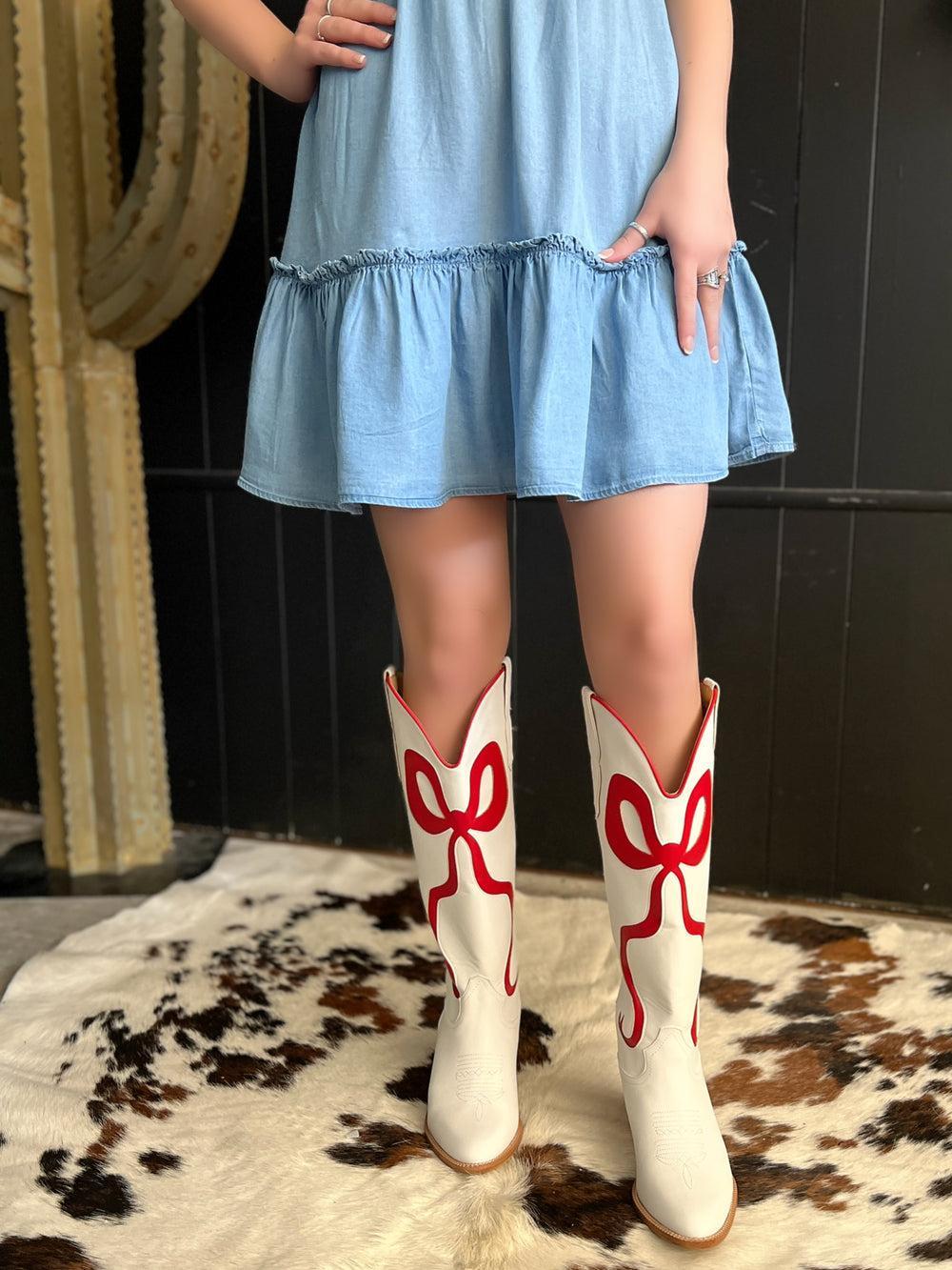 White and Red Bow Boots Product Image