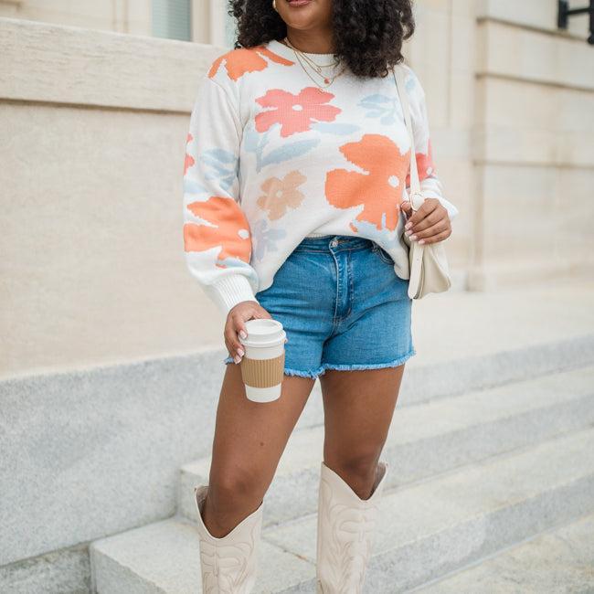 Fact Of The Matter Coral Multi Floral Crew Neck Sweater FINAL SALE Product Image