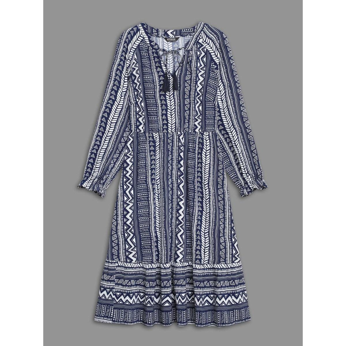 Plus Size Bandana Geometric Tassels Tie Knot Dress Indigo Women Resort Tie knot Flat collar with V-notch Long Sleeve Curvy BloomChic 28/5X Product Image