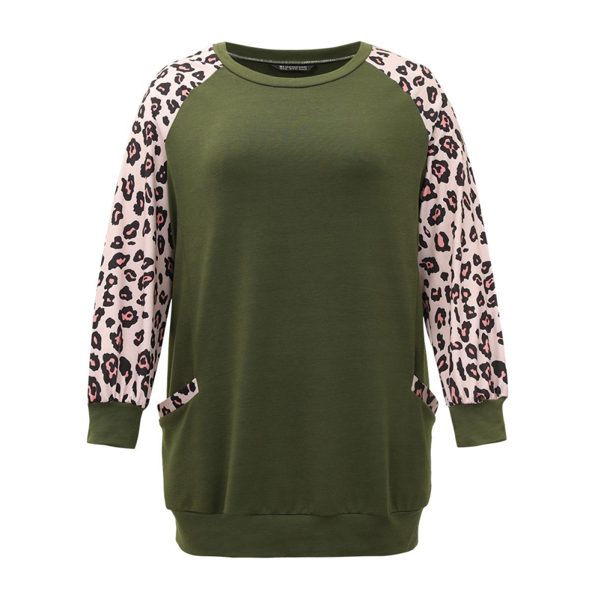 Plus Size Leopard Print Patchwork Contrast Pocket Raglan Sleeve Sweatshirt Women Green Casual Elastic cuffs Round Neck Dailywear Sweatshirts BloomChic 30/6X Product Image