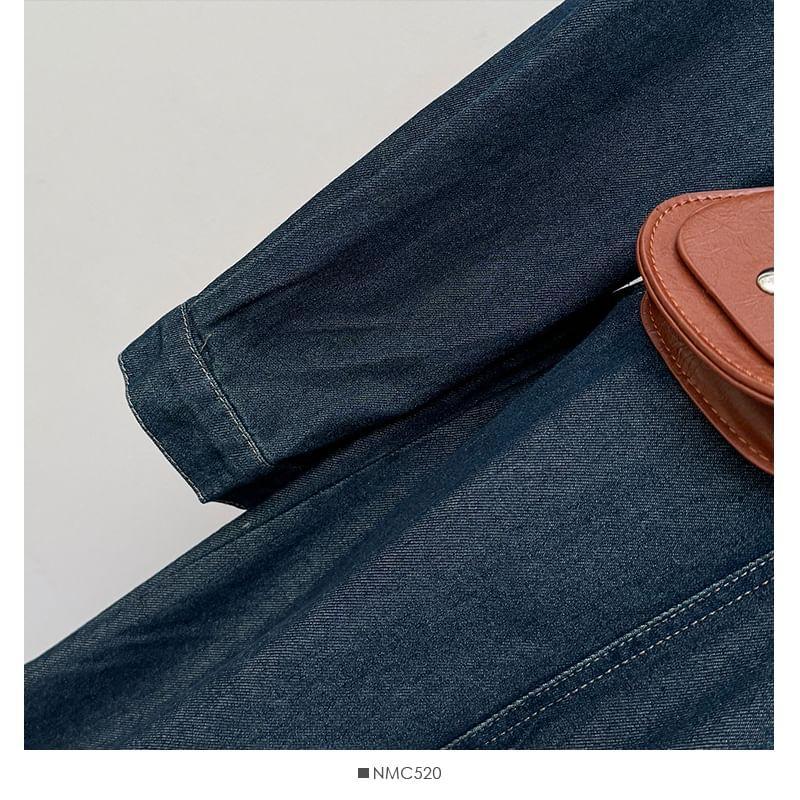Puff-Sleeve Mock Two-Piece Denim Midi Shirtdress With Belt Product Image