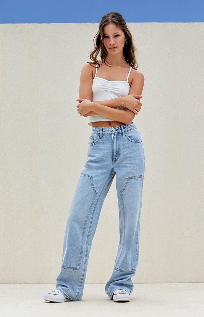 Women's Light Indigo Panel High Waisted Girlfriend Jeans Product Image