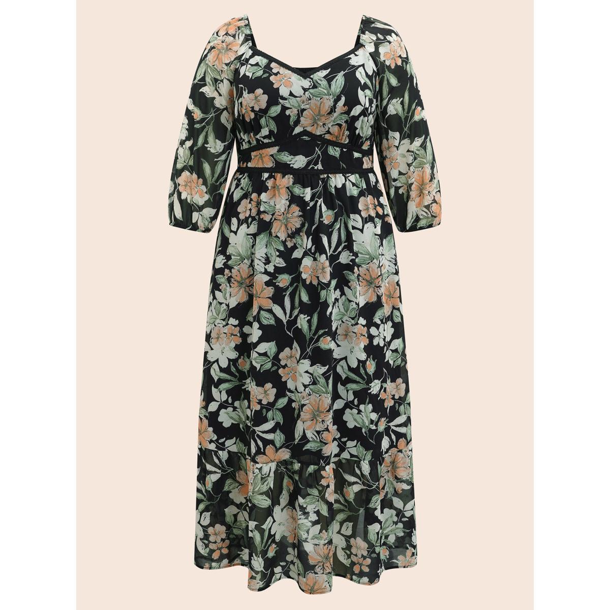 Plus Size Floral Heart Neckline Woven Ribbon Gathered Dress Black Women Elegant Woven ribbon&lace trim Heart neckline Elbow-length sleeve Curvy BloomChic 26/4X Product Image