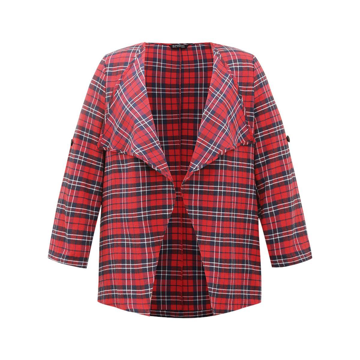 Plus Size Plaid Asymmetrical Hem Tab Sleeve Jacket Women Scarlet Button Dailywear Jackets BloomChic 10/M Product Image