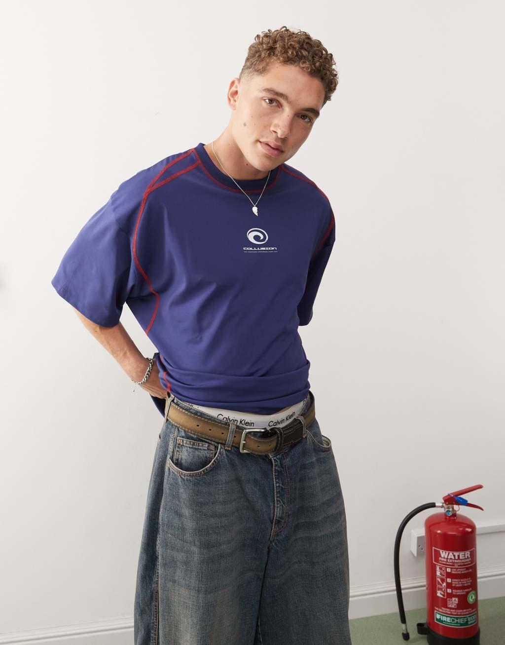 COLLUSION Athletic contrast stitch logo tee in blue Product Image