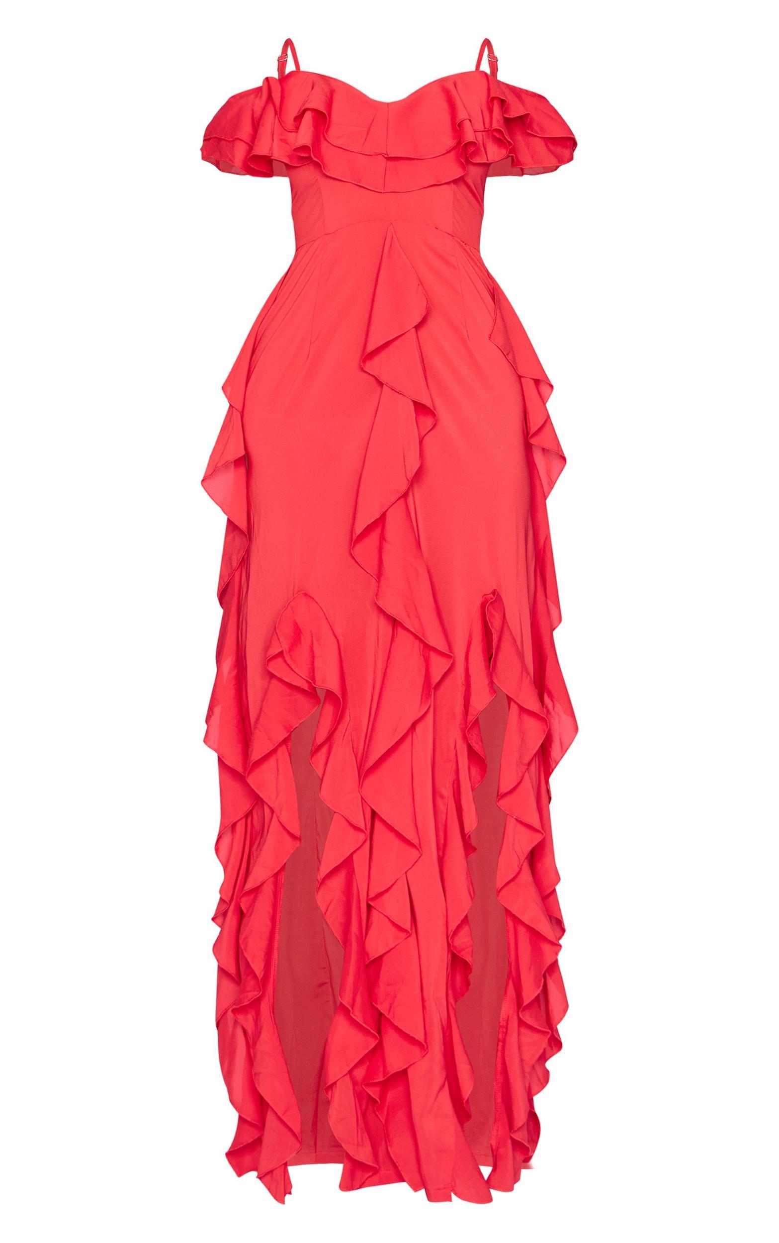 Red Cold Shoulder Ruffle Detail Maxi Dress Product Image
