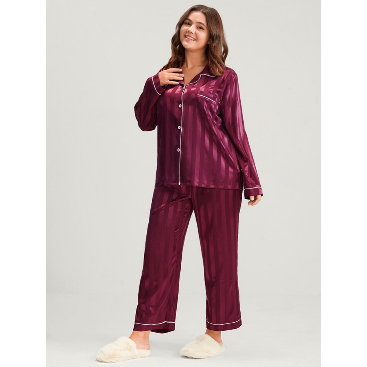 Plus Size Solid Striped Button Satin Pajama Set Women Burgundy Plain Patchwork Long Sleeve Shirt collar Casual Loungewear Sets BloomChic 18-20/2X Product Image