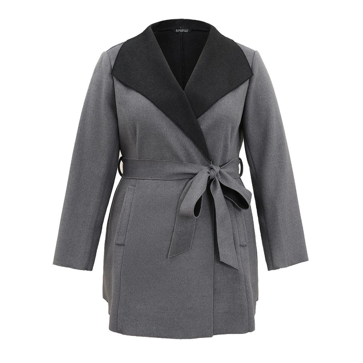 Plus Size Lapel Collar Contrast Belted Coat Women Gray Elegant Belted Ladies Everyday Winter Coats BloomChic 30/6X Product Image