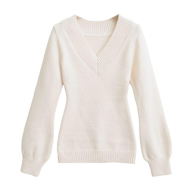 Puff-Sleeve V-Neck Plain Sweater Product Image