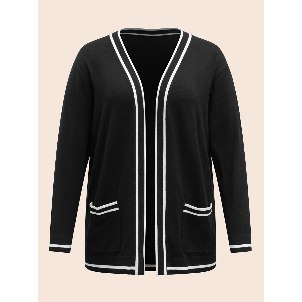 Plus Size Supersoft Essentials Striped Patchwork Pocket Open Front Cardigan Black Women Casual Loose Long Sleeve Everyday Cardigans BloomChic 28/5X Product Image