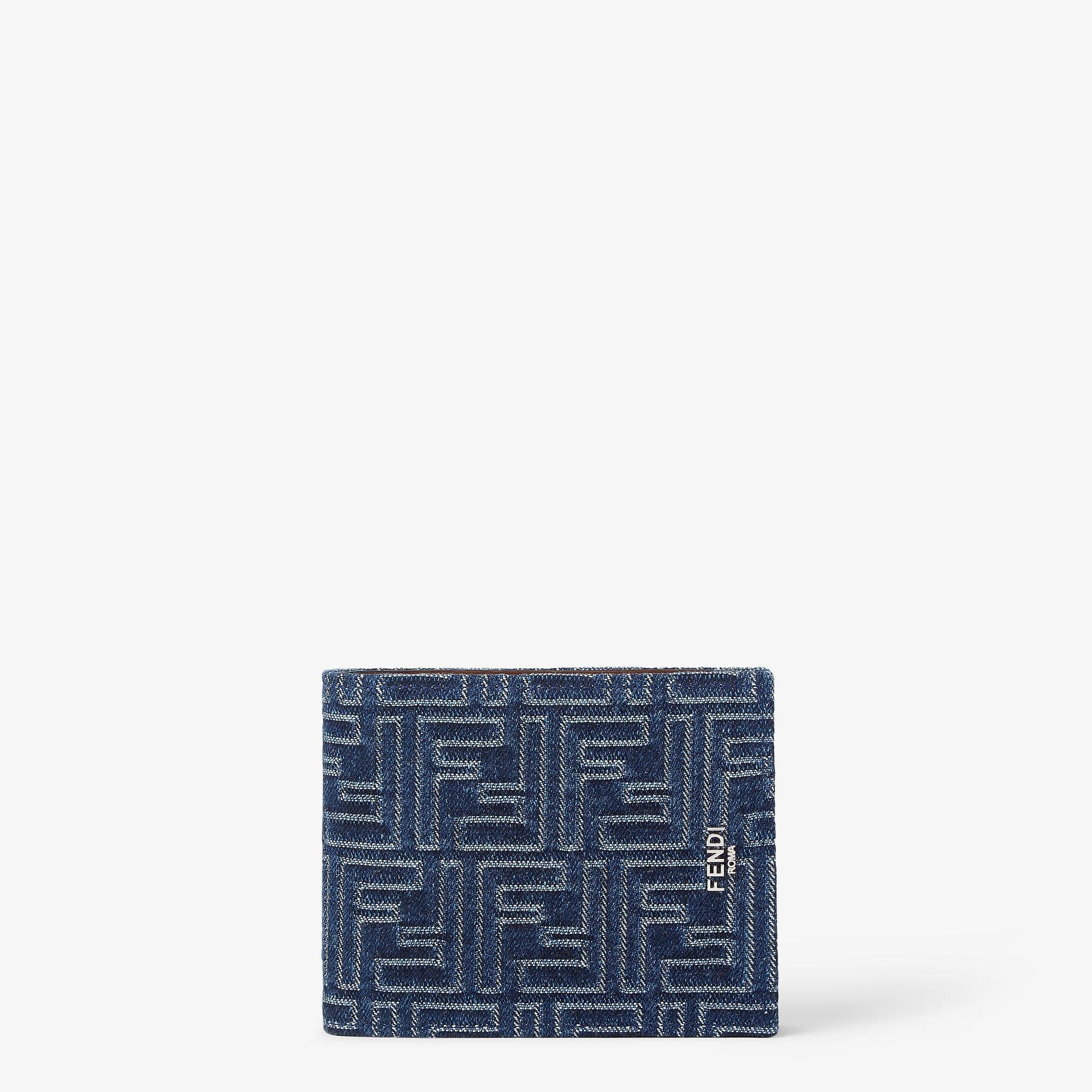 FF WalletBrown leather and blue denim-effect FF Jacquard bi-fold wallet Product Image