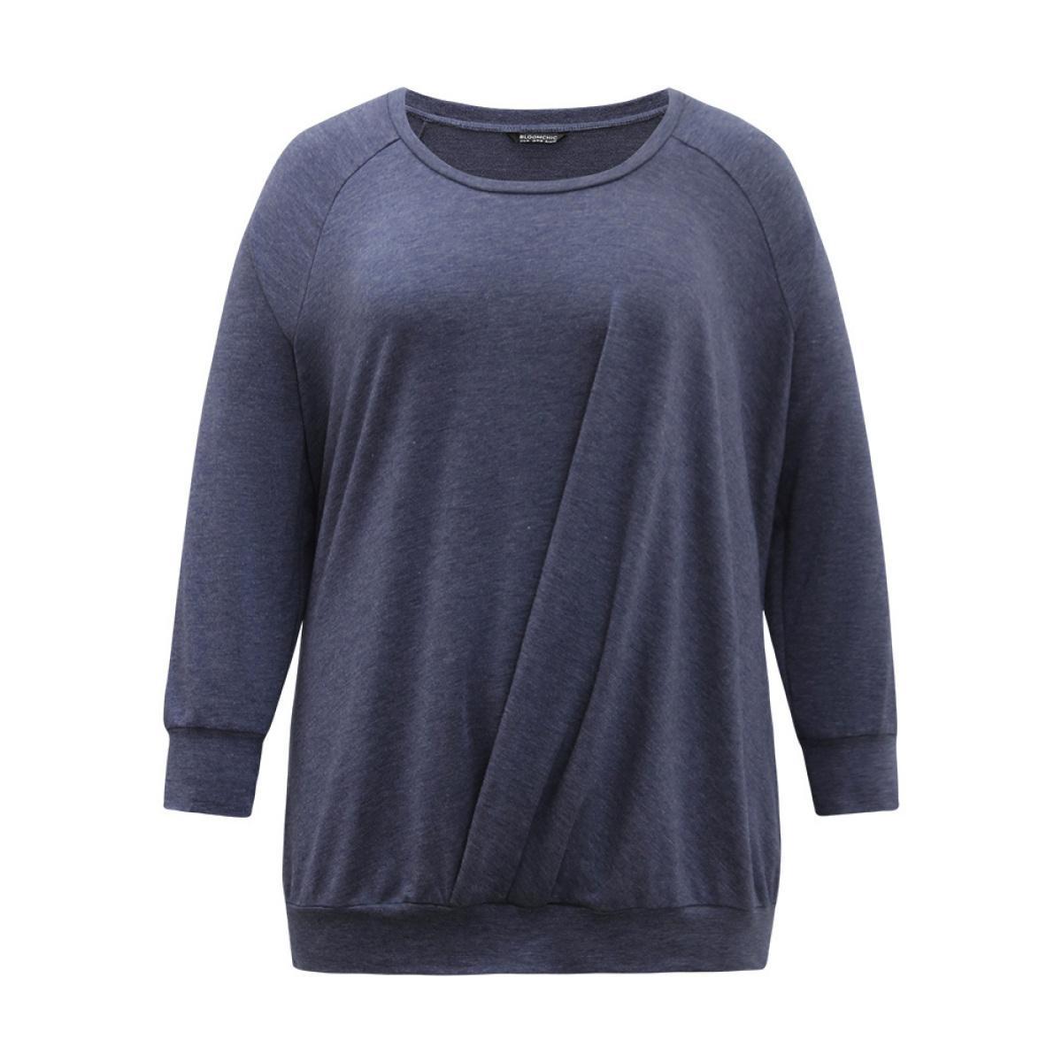 Plus Size Solid Plicated Detail Raglan Sleeve Sweatshirt Women DarkBlue Elegant Elastic cuffs Round Neck Dailywear Sweatshirts BloomChic 30/6X Product Image