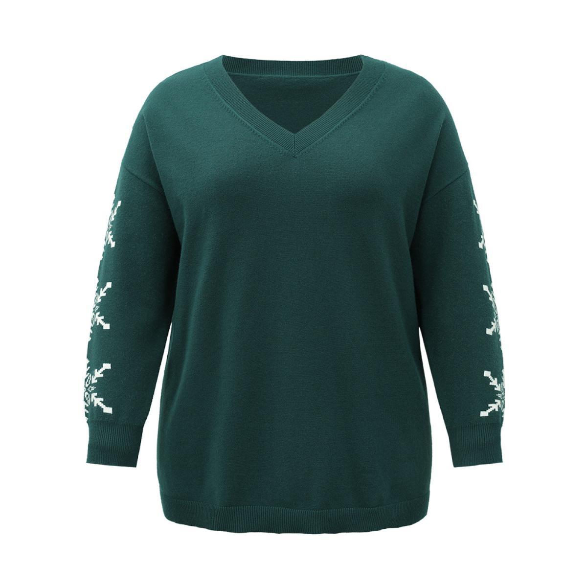 Plus Size Supersoft Essentials Snowflake Print V Neck Pullover DarkGreen Women Casual Loose Long Sleeve V-neck Festival-Christmas Pullovers BloomChic 14-16/1X Product Image