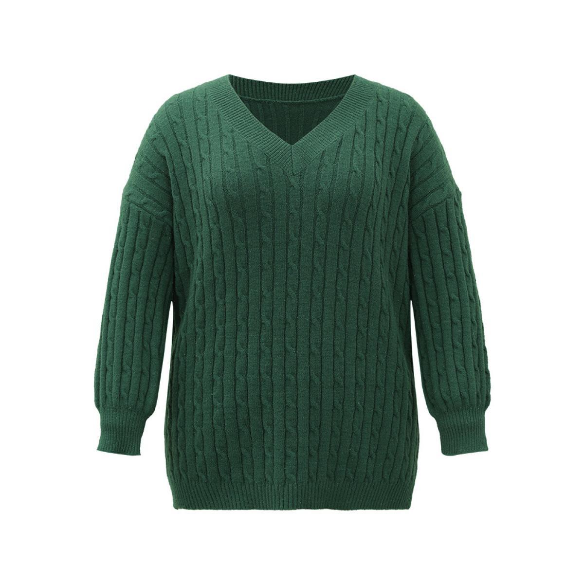 Plus Size Lurex Cable Knit Plain V Neck Pullover DarkGreen Women Casual Loose Long Sleeve V-neck Dailywear Pullovers BloomChic 18-20/2X Product Image