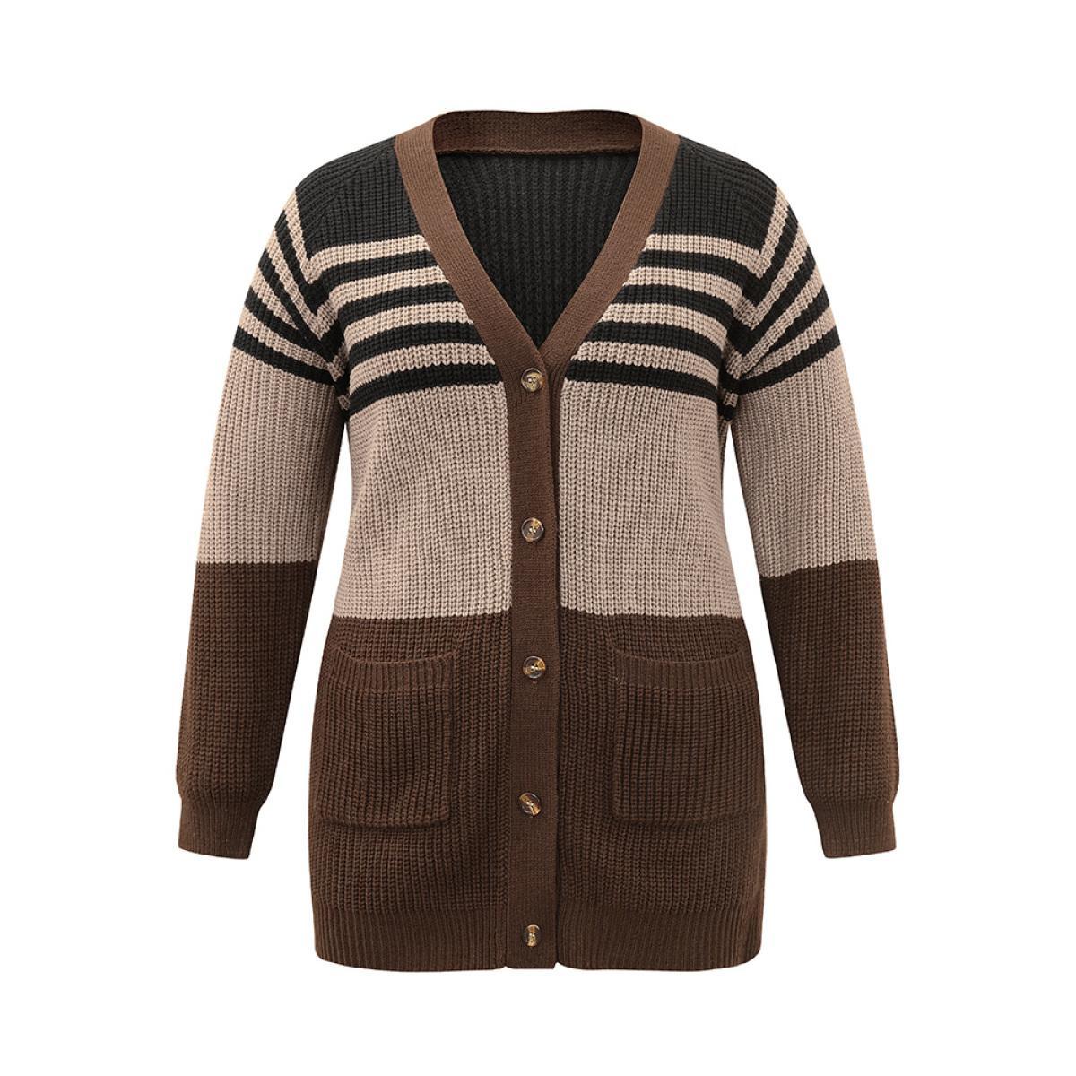 Plus Size Striped Colorblock Patched Pocket Cardigan Multicolor Women Casual Loose Long Sleeve Dailywear Cardigans BloomChic 10/M Product Image