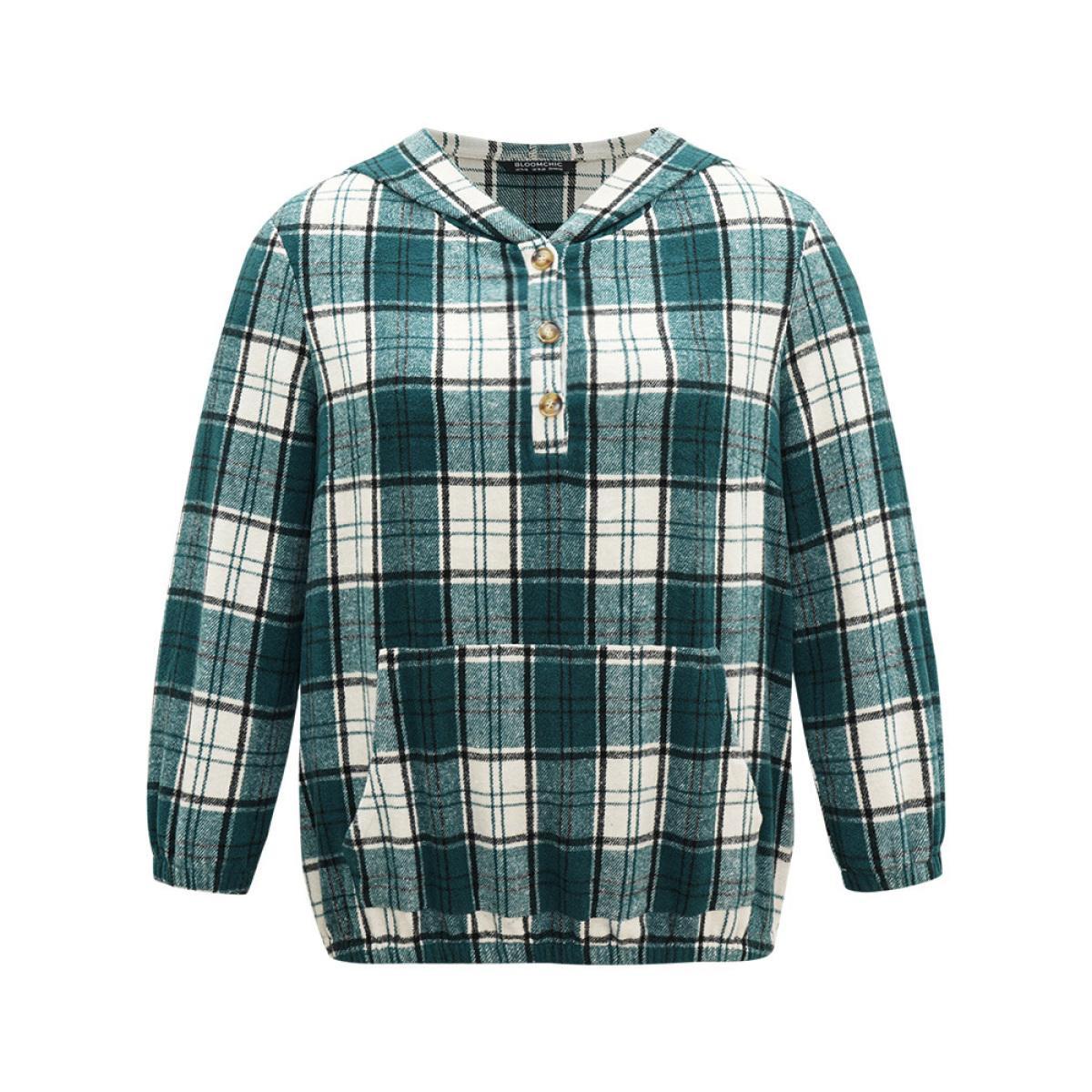 Plus Size Plaid Button Up Hooded Pocket Sweatshirt Women Green Casual Elastic cuffs Hooded Dailywear Sweatshirts BloomChic 10/M Product Image