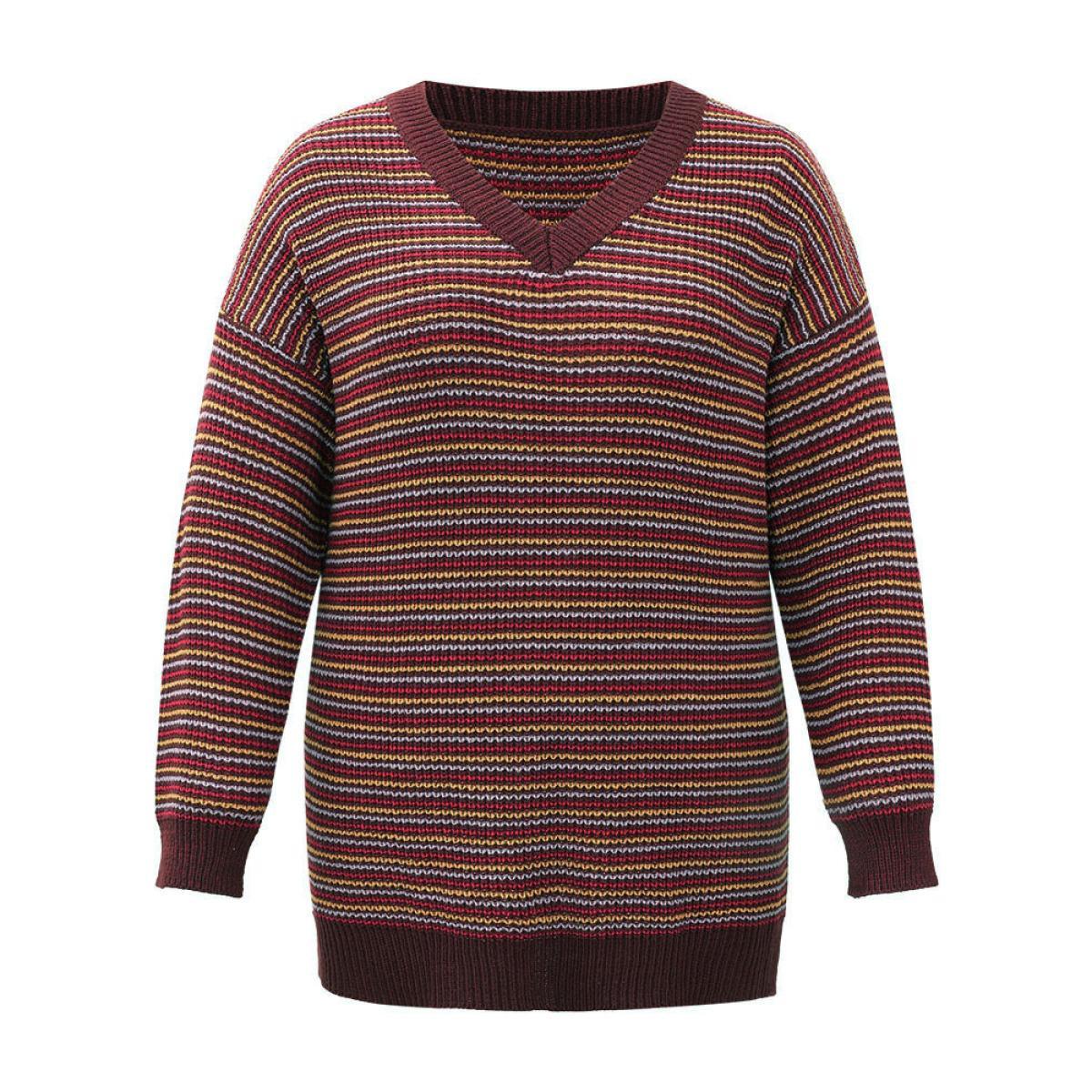 Plus Size Textured Striped Drop Shoulder Pullover Multicolor Women Casual Loose Long Sleeve V-neck Dailywear Pullovers BloomChic 28/5X Product Image