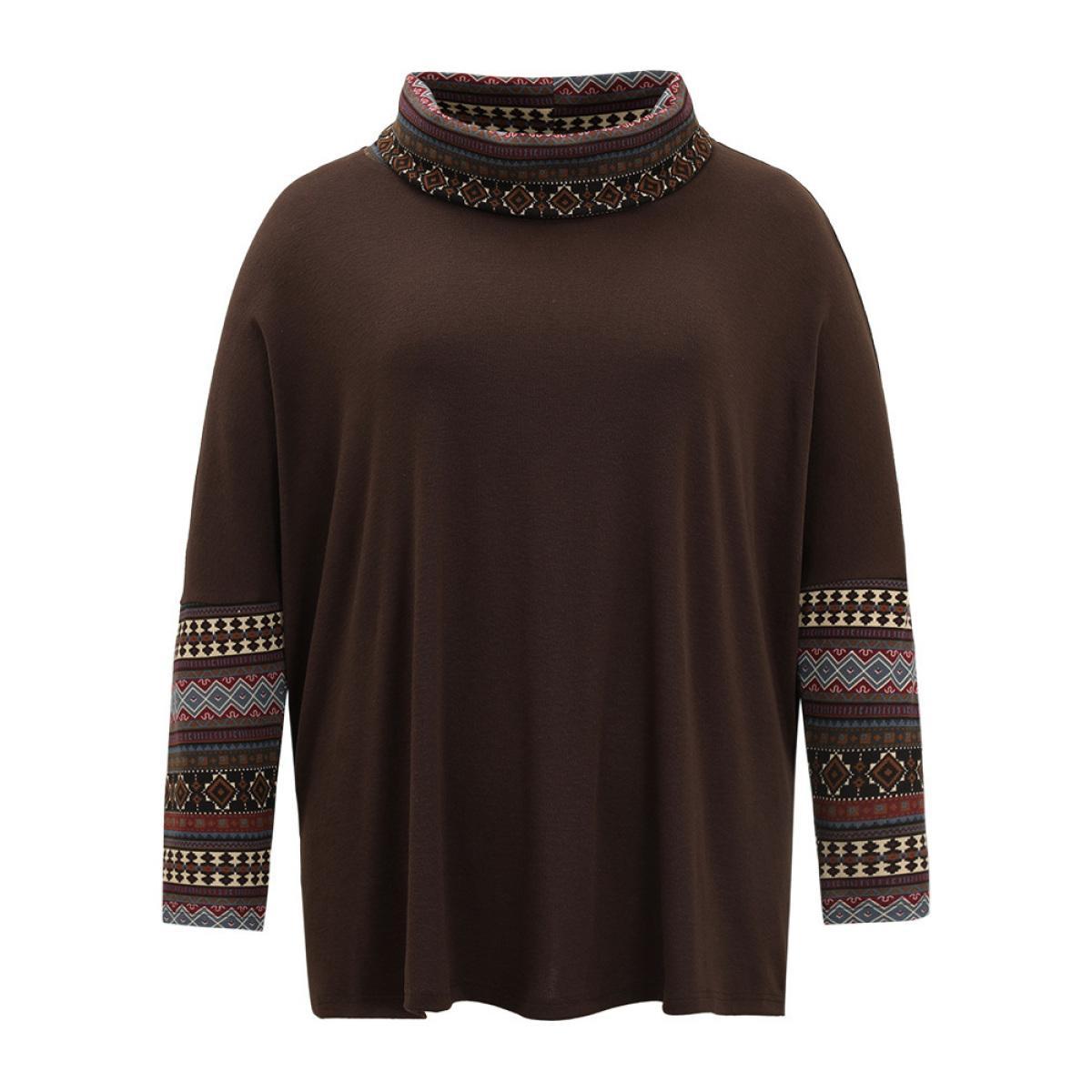 Plus Size Bandana Print Patchwork Turtle Neck T-shirt DarkBrown Women Casual Printed Bohemian Print Turtleneck Dailywear T-shirts BloomChic 12/L Product Image