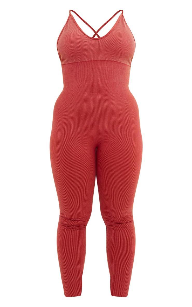 Plus Rust Acid Wash Seamless Rib Strappy Long Unitard Product Image