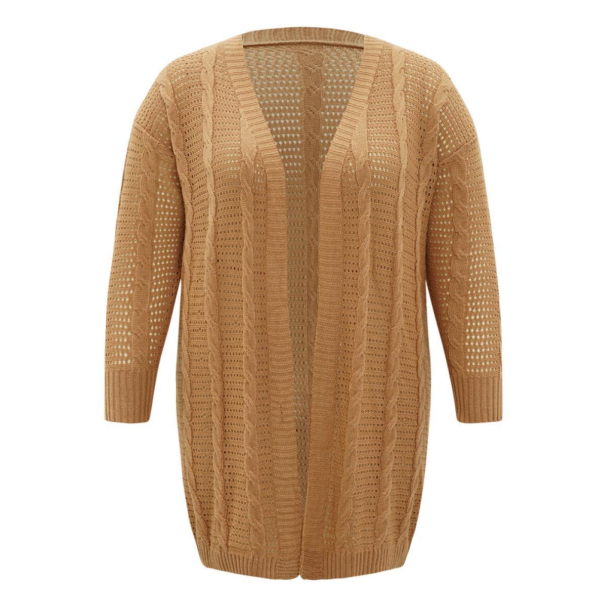 Plus Size Plain Cable Knit Elastic Cuffs Cardigan Bronze Women Casual Loose Long Sleeve Dailywear Cardigans BloomChic 14-16/1X Product Image