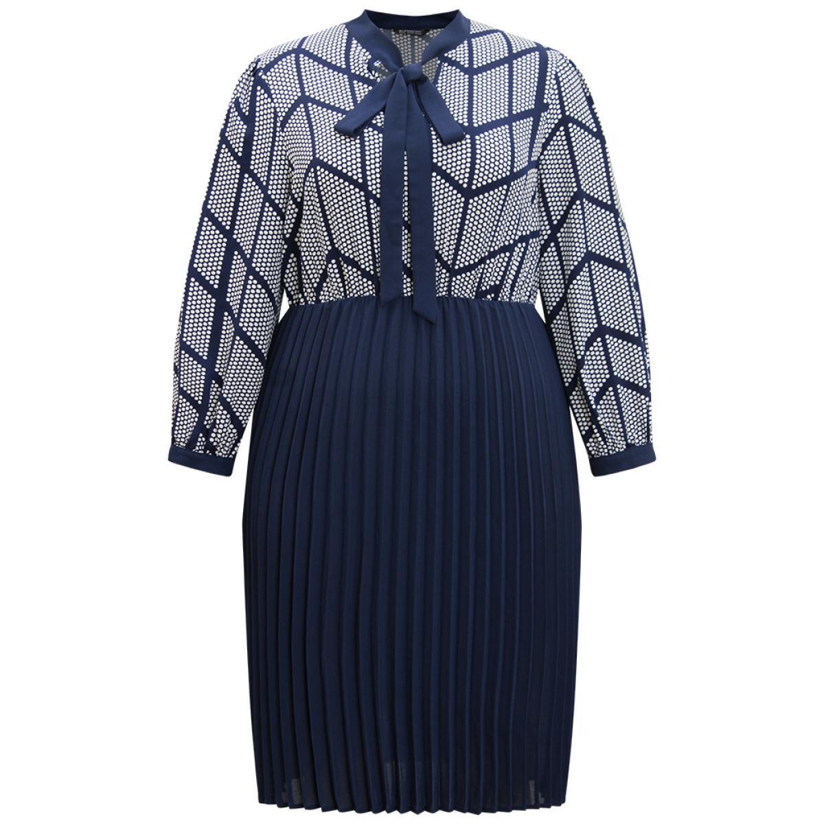 Plus Size Contrast Patchwork Ties Pleated Dress Indigo Women Office Printed Tie Neck Long Sleeve Curvy Midi Dress BloomChic 12/L Product Image