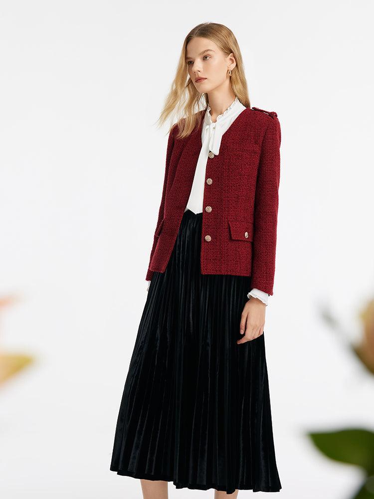 V-Neck Single-Breasted Tweed Women Jacket Product Image