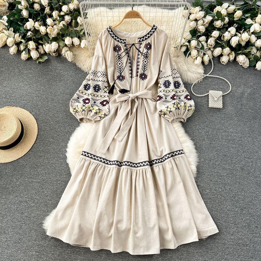 Puff-Sleeve Embroidered Tie Waist Midi A-Line Dress Product Image