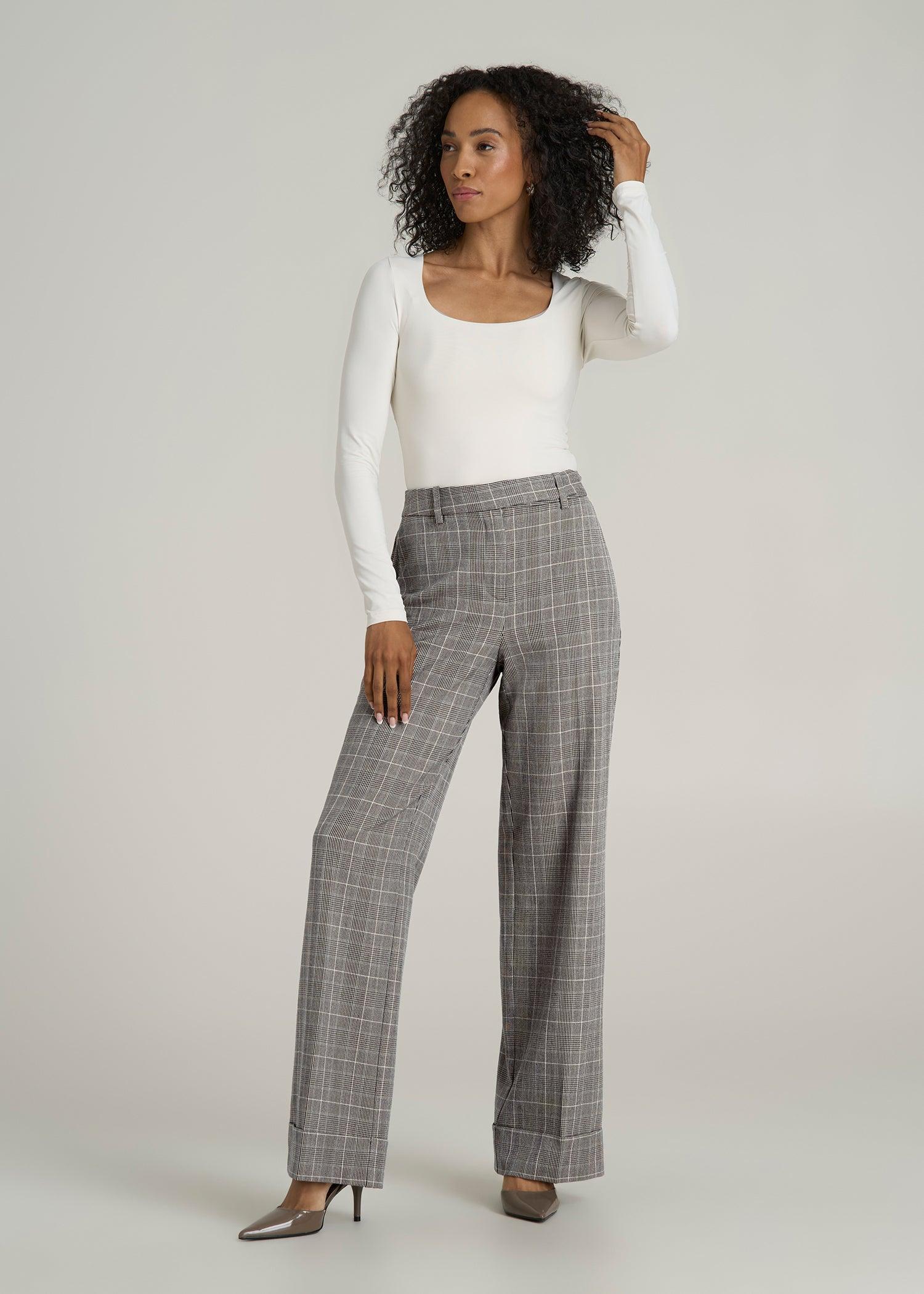 Wide-Leg Cuffed Pants for Tall Women in Navy Houndstooth with Teal Product Image
